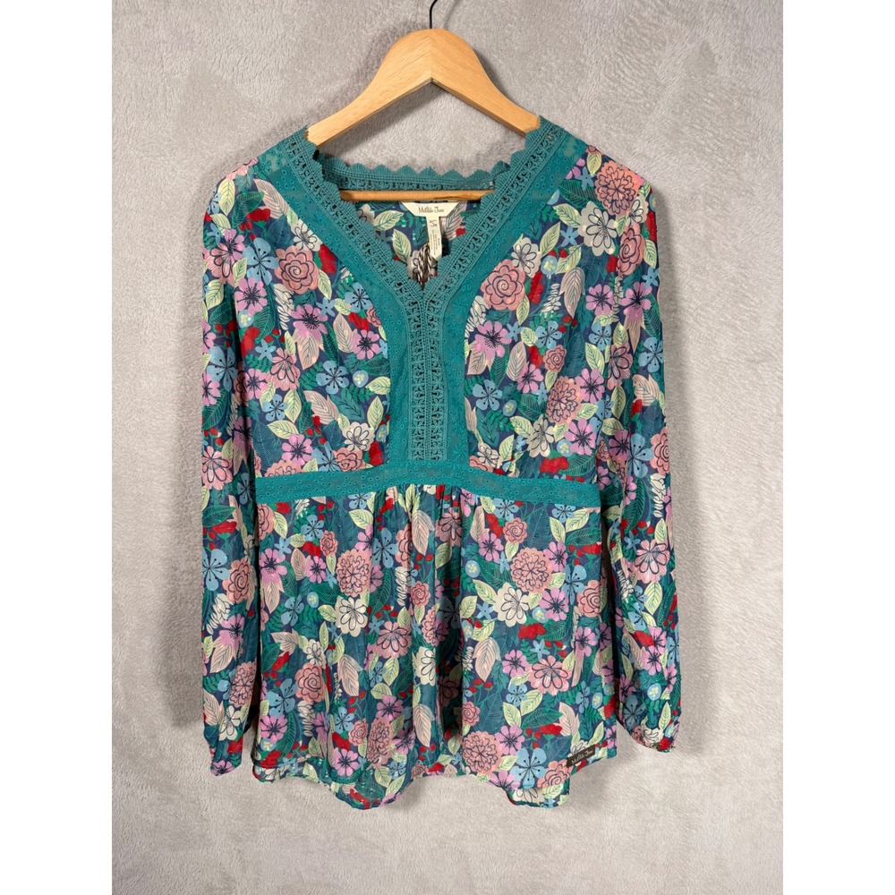 Matilda Jane Womens Floral Crochet Lace Trim Babydoll Top Long Sleeve Teal M